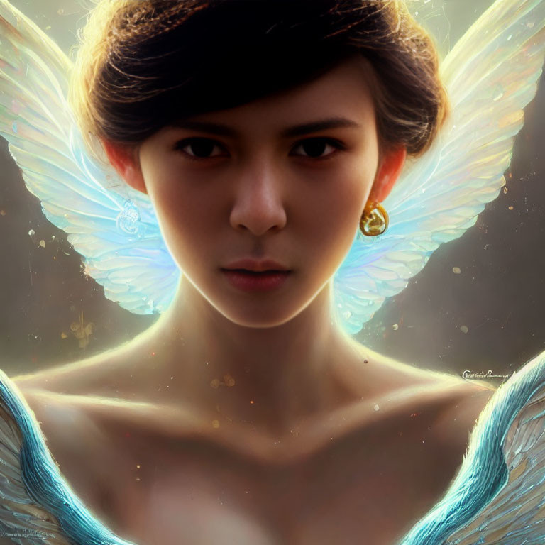 Digital portrait of woman with butterfly wings and warm lighting