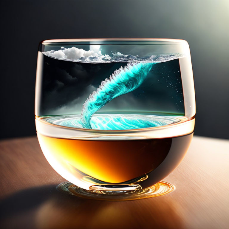 Glass with swirling liquid against starry sky and clouds, creating miniature ocean scene