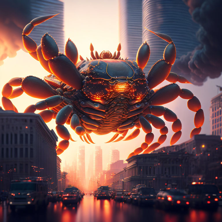 Giant crab above city street at sunset with mystic glow