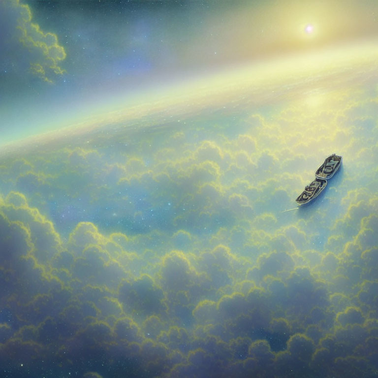 Boats floating above clouds under starry sky