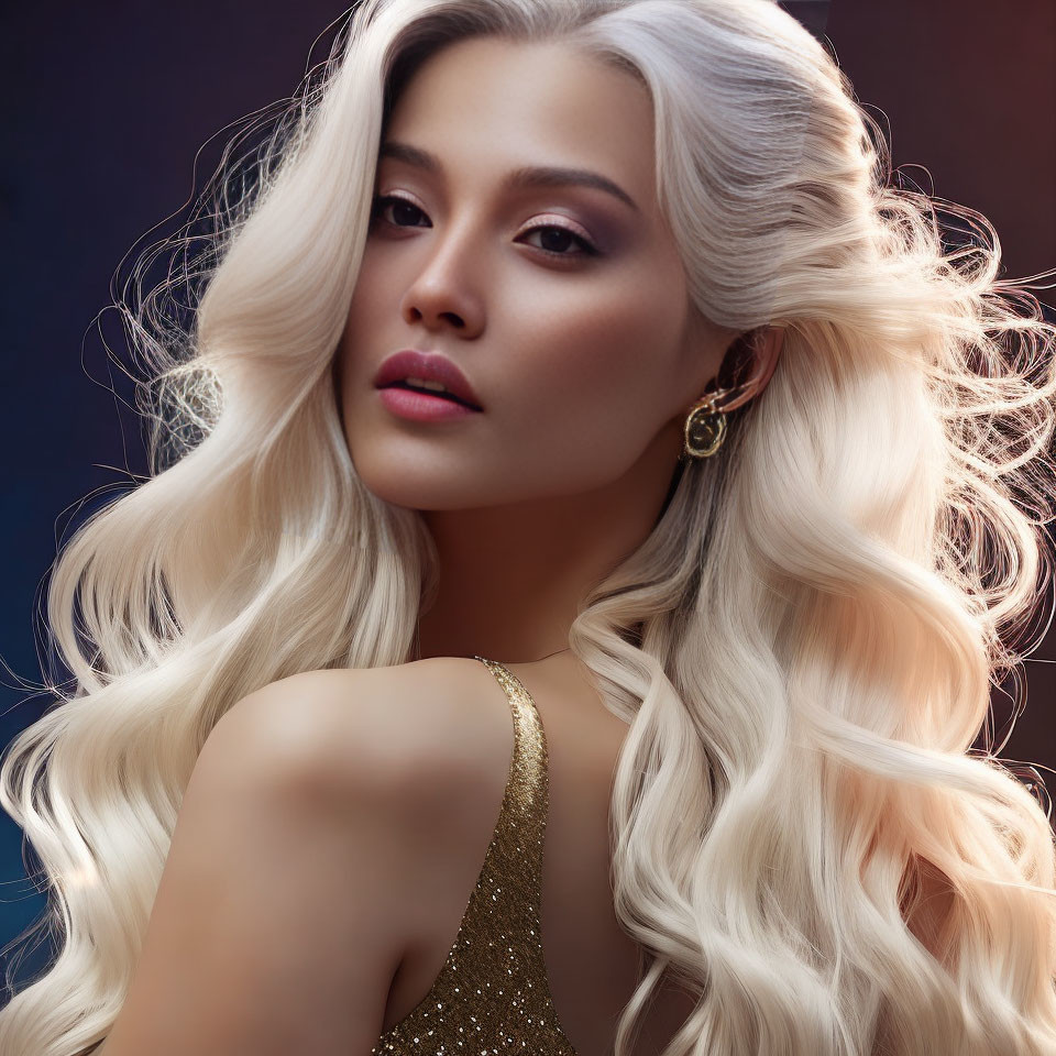 Blonde woman in gold sequined dress and earring on dark background