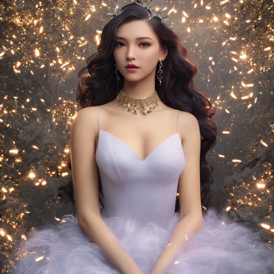 Woman in elegant dress with long hair and fine jewelry against sparkling background.