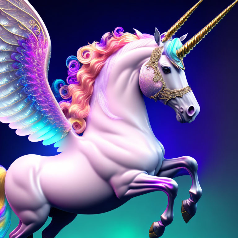 Mythical unicorn with shimmering body, golden horn, pink mane, and feathered wings on