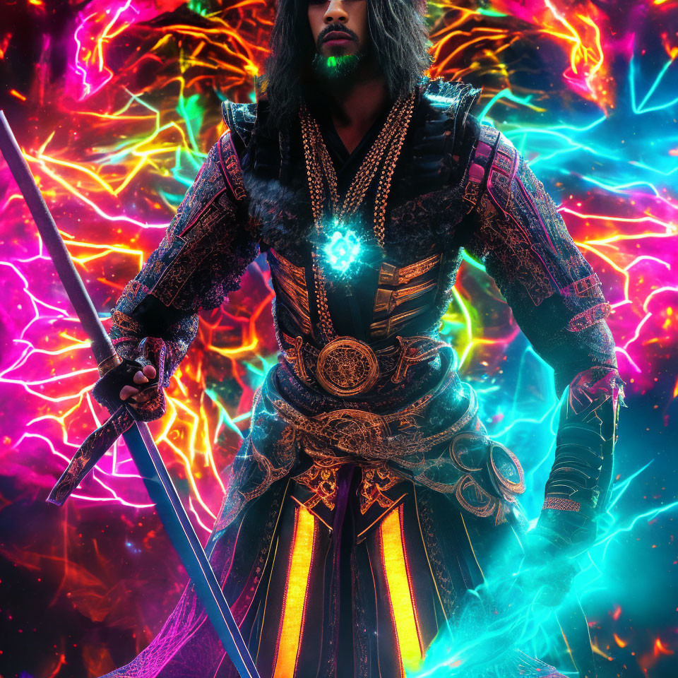 Warrior in ornate armor with sword in vibrant, neon mystical energy