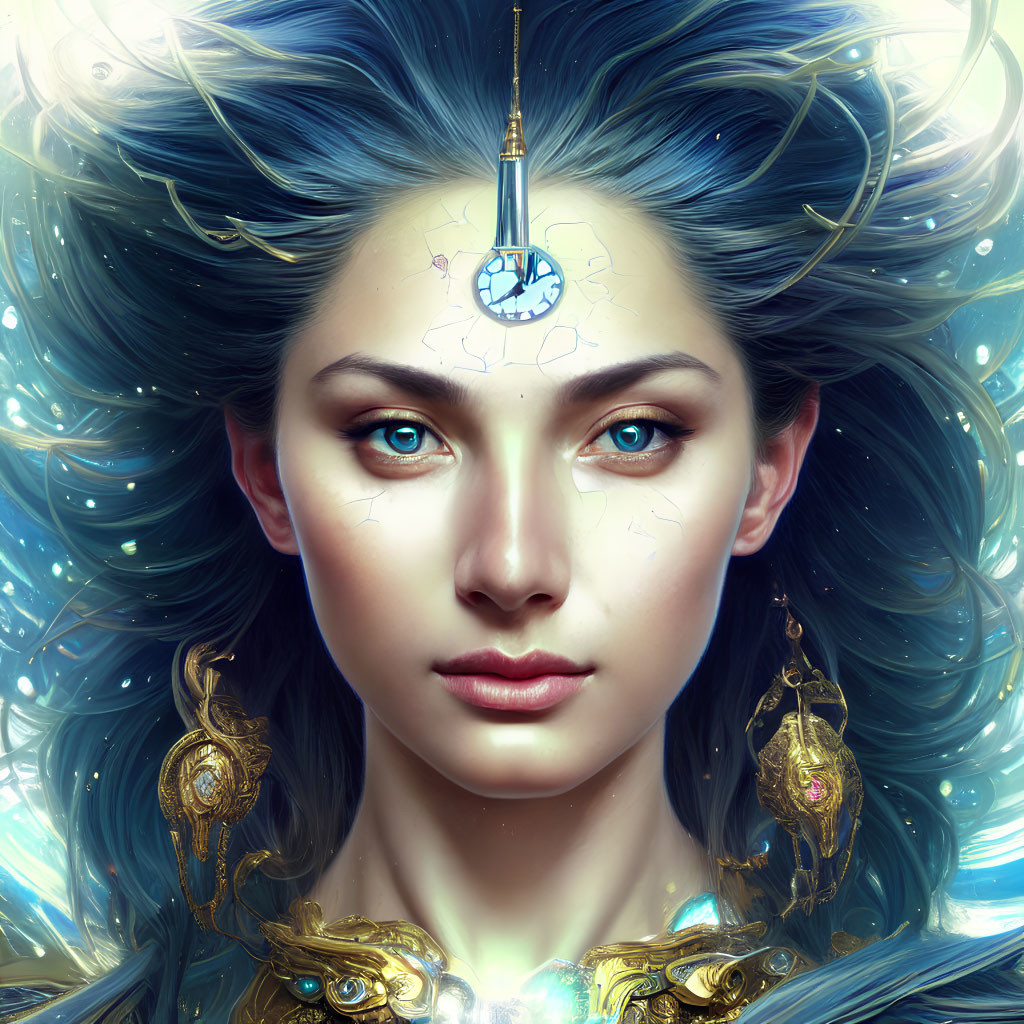 Digital artwork: Woman with clock in forehead, blue flowing hair, golden ornaments