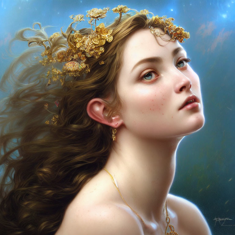 Digital portrait of woman with flowing hair and gold accessories on soft blue backdrop