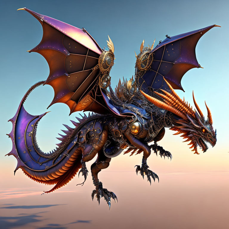 Detailed digital illustration of majestic dragon with expansive wings and ornate scales in twilight sky