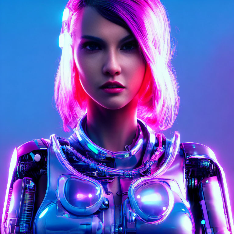 Female Cyborg with Pink Hair & Neon Lighting in Futuristic Armor