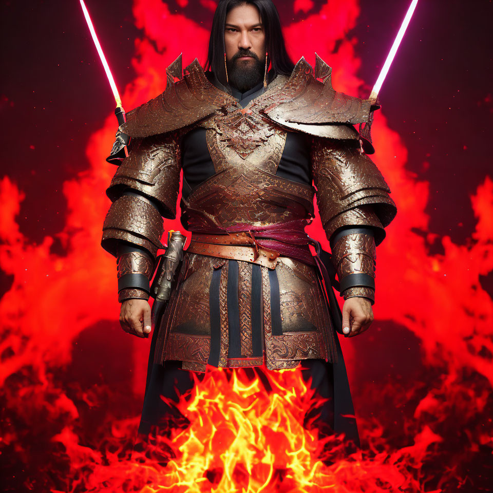 Ornate-armored warrior with crossed lightsabers in fiery red backdrop