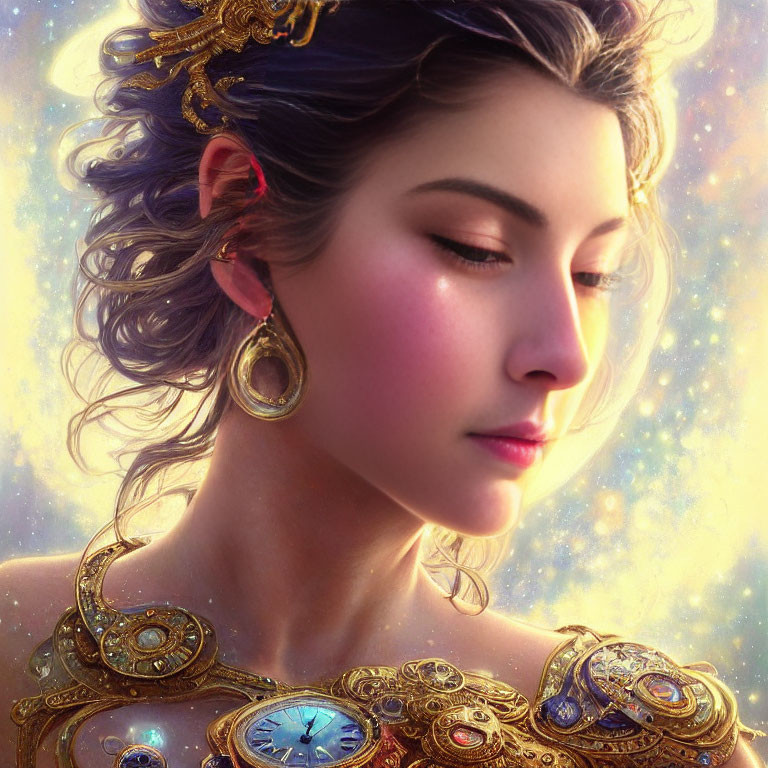 Digital artwork: Woman with golden headdress and jewelry, ethereal visage against starry backdrop.