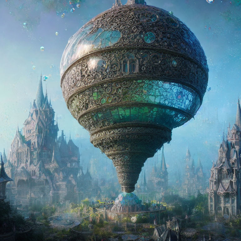 Fantastical cityscape with ornate hot air balloon-like structure