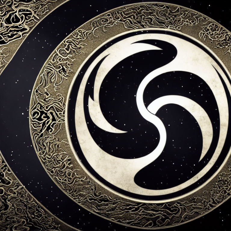 Circular Emblem with Intertwined Crescent Shapes on Starry Night Sky