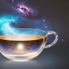 Transparent Cup of Tea with Cosmic Nebulae Against Galaxy Backdrop