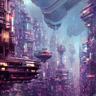 Futuristic cityscape with towering skyscrapers and flying vehicles in purple haze