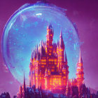 Fantastical castle on craggy peak in transparent bubble against violet sky