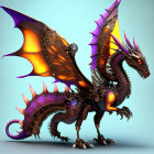 Detailed mechanical dragon illustration with purple and orange wings and intricate gears.