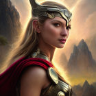 Fantasy warrior woman in winged helmet portrait with mountainous backdrop