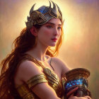 Mystical woman in ornate crown and armor against glowing backdrop