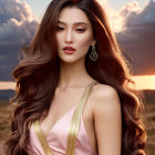 Long-Haired Woman in Pink Top Poses at Sunset