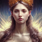 Digital artwork: Woman with golden crown and glowing wings, emanating majestic aura