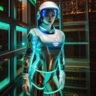 Futuristic female figure in silver space suit with neon accents in front of high-tech server backdrop