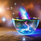 Iridescent Glass Bowl with Blue Flame and Smoke on Dark Background