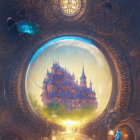 Golden castle in transparent bubble on celestial backdrop