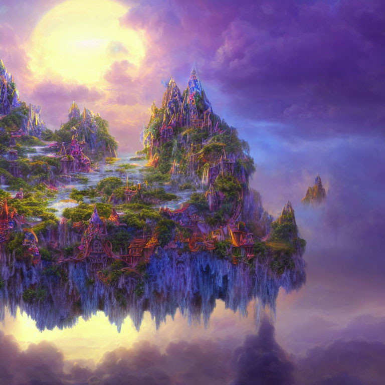 Fantasy landscape with floating islands, mystical structures, lush greenery, and purple sunset sky.