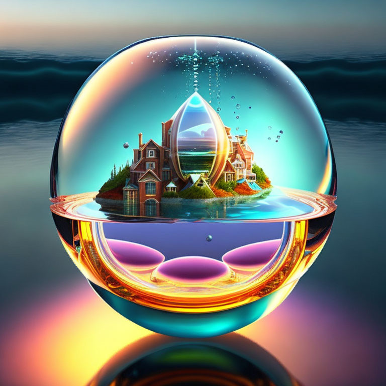 Surreal house on island in bubble above vibrant water