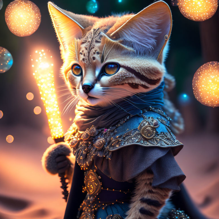 Anthropomorphic feline character in ornate armor with glowing orbs and mystical staff on warm bokeh