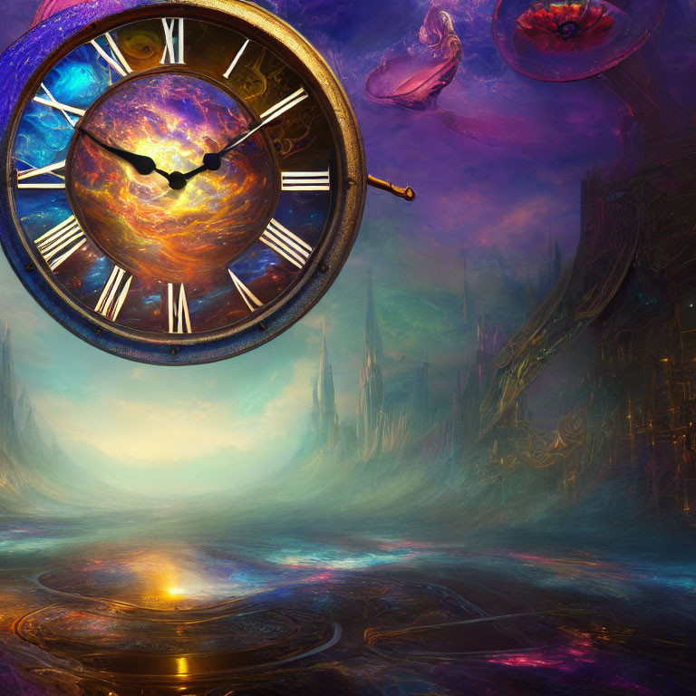 Surreal landscape featuring floating clock and colorful sky