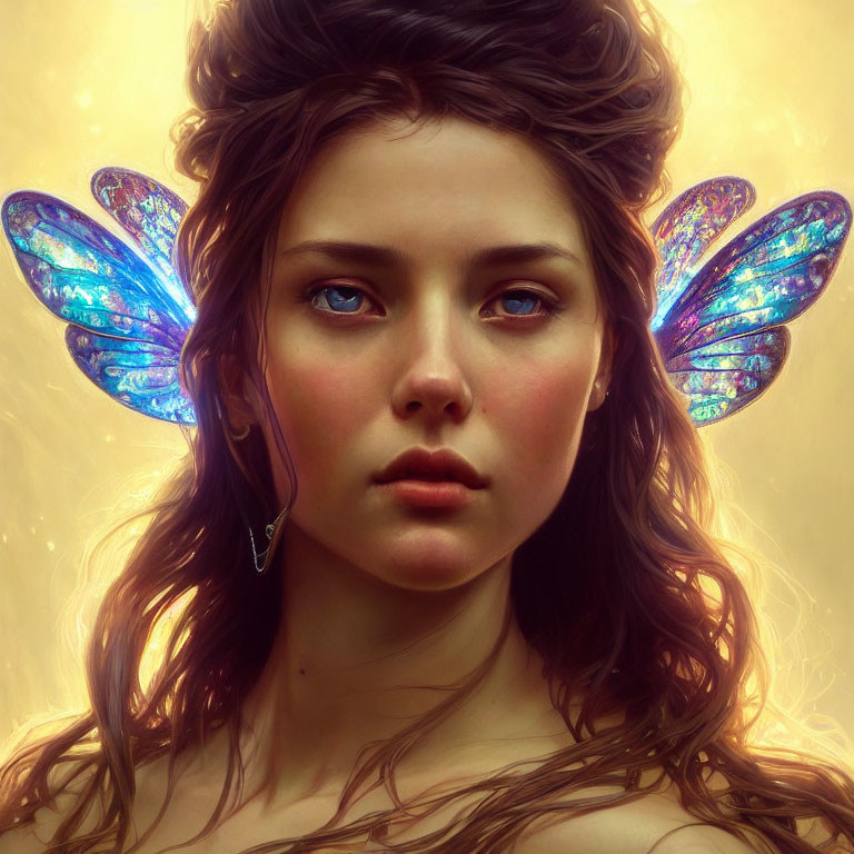 Digital artwork featuring young woman with iridescent butterfly wings