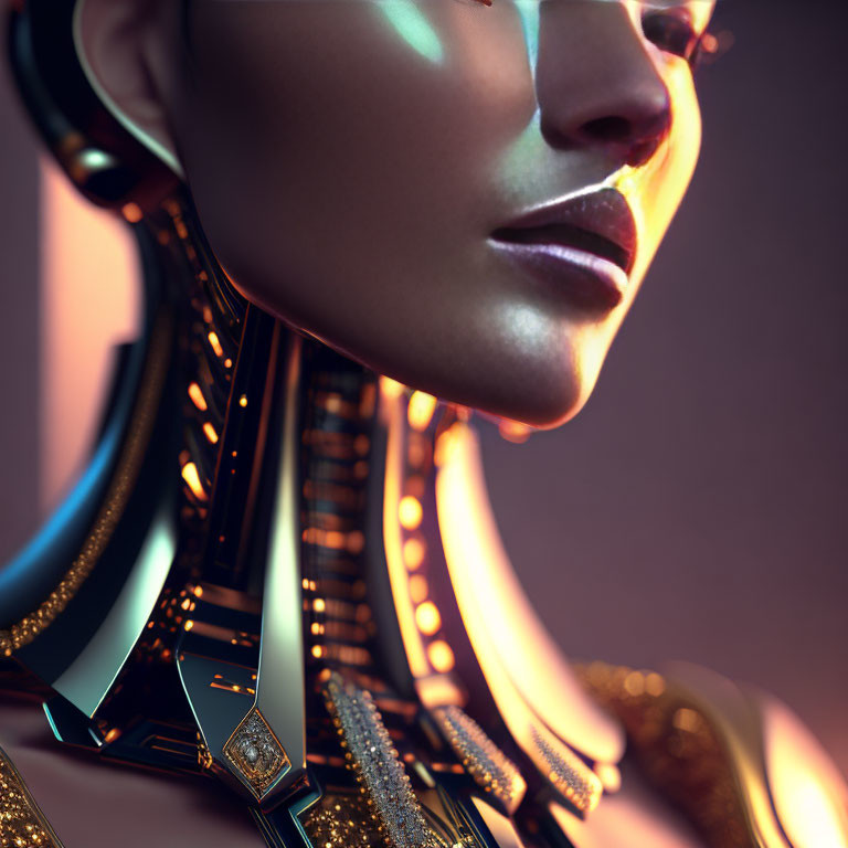 Female Android Close-Up: Gold and Black Neck Mechanics on Purple Backdrop