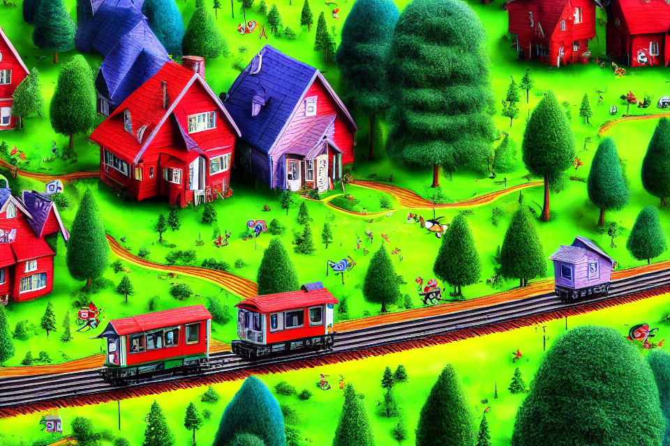 Colorful miniature landscape with red houses, green trees, people, and a train.