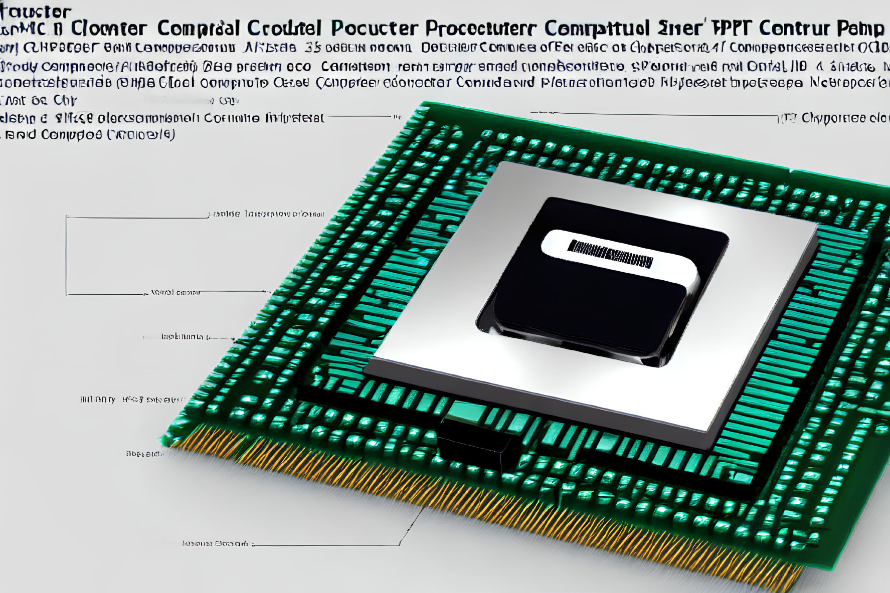 Reflective CPU with barcode sticker on green circuit board.