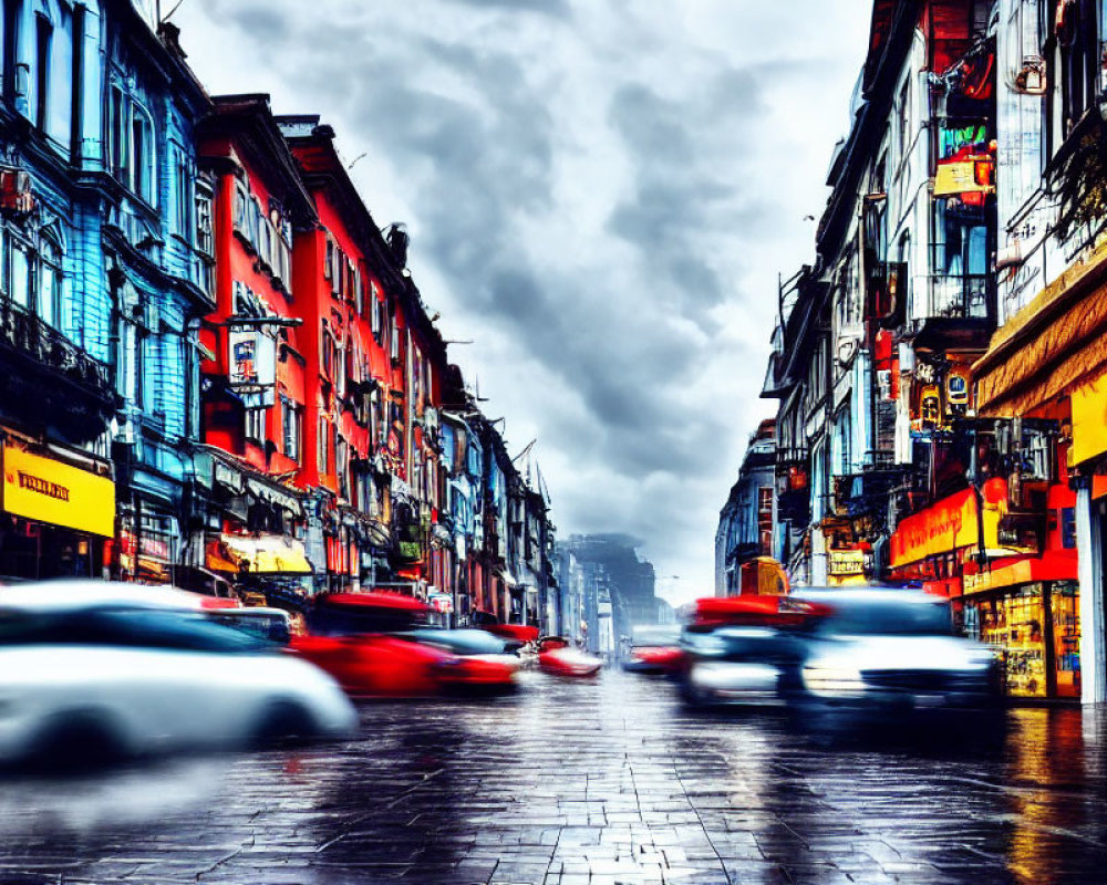 Colorful city street with blurred cars under gloomy sky