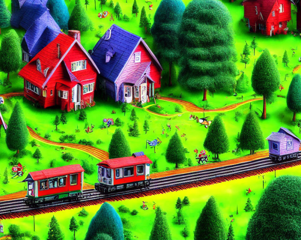 Colorful miniature landscape with red houses, green trees, people, and a train.