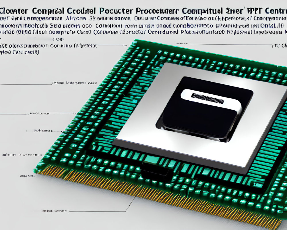 Reflective CPU with barcode sticker on green circuit board.