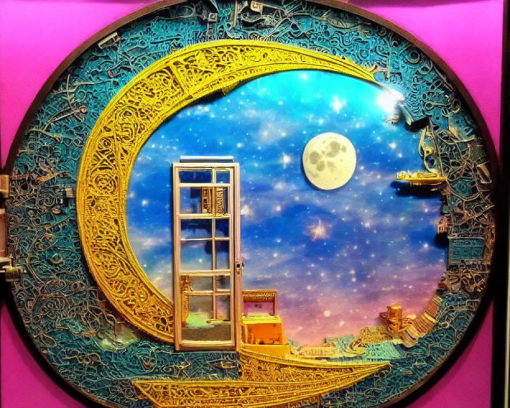 Circular frame with cosmic scene: floating door, moon, stars, whimsical flying ships