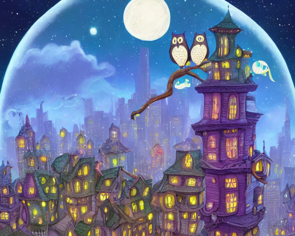 Whimsical night scene with two owls on branch and purple cityscape