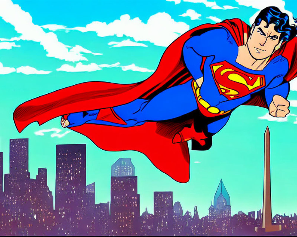 Superman flying over city skyline in clear blue sky