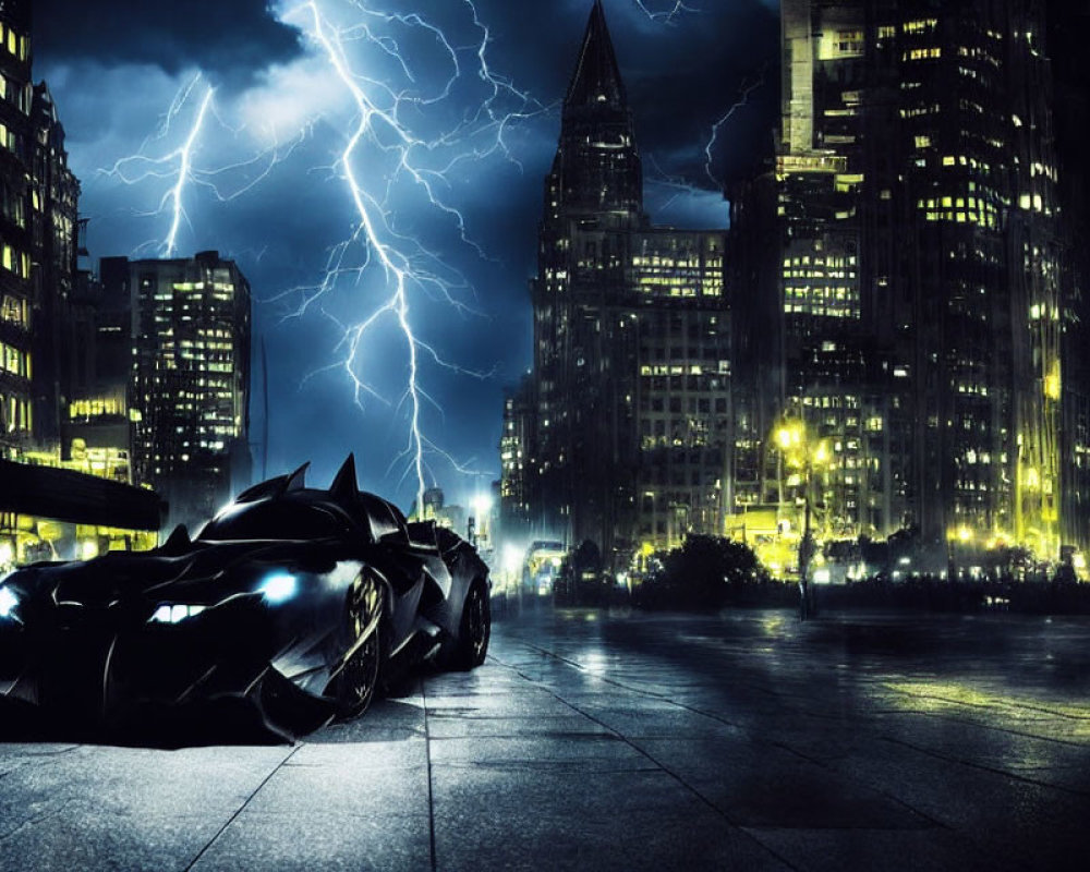 Futuristic black car parked on wet city street at night with lightning and high-rise buildings