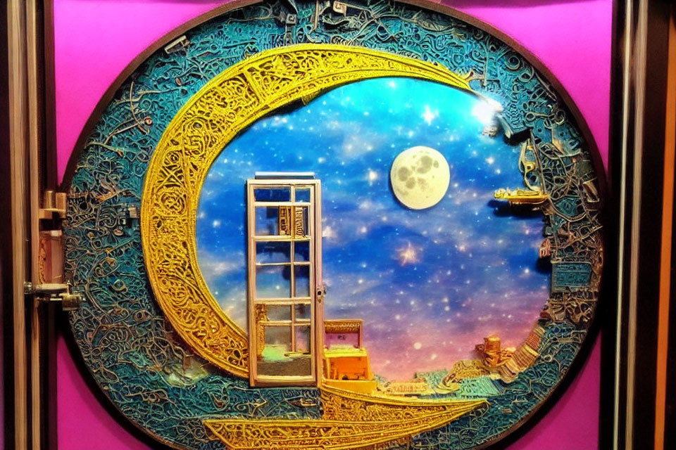 Circular frame with cosmic scene: floating door, moon, stars, whimsical flying ships