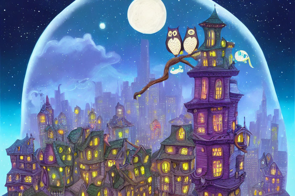 Whimsical night scene with two owls on branch and purple cityscape