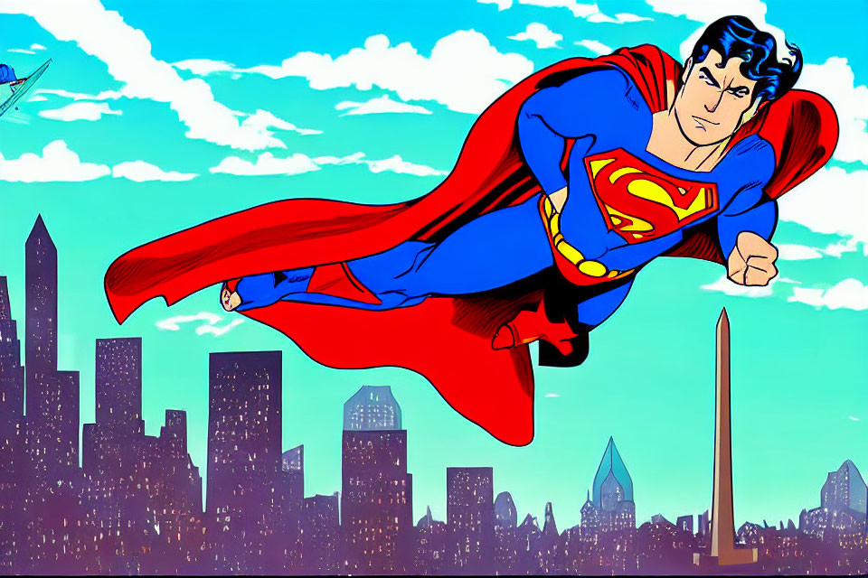 Superman flying over city skyline in clear blue sky