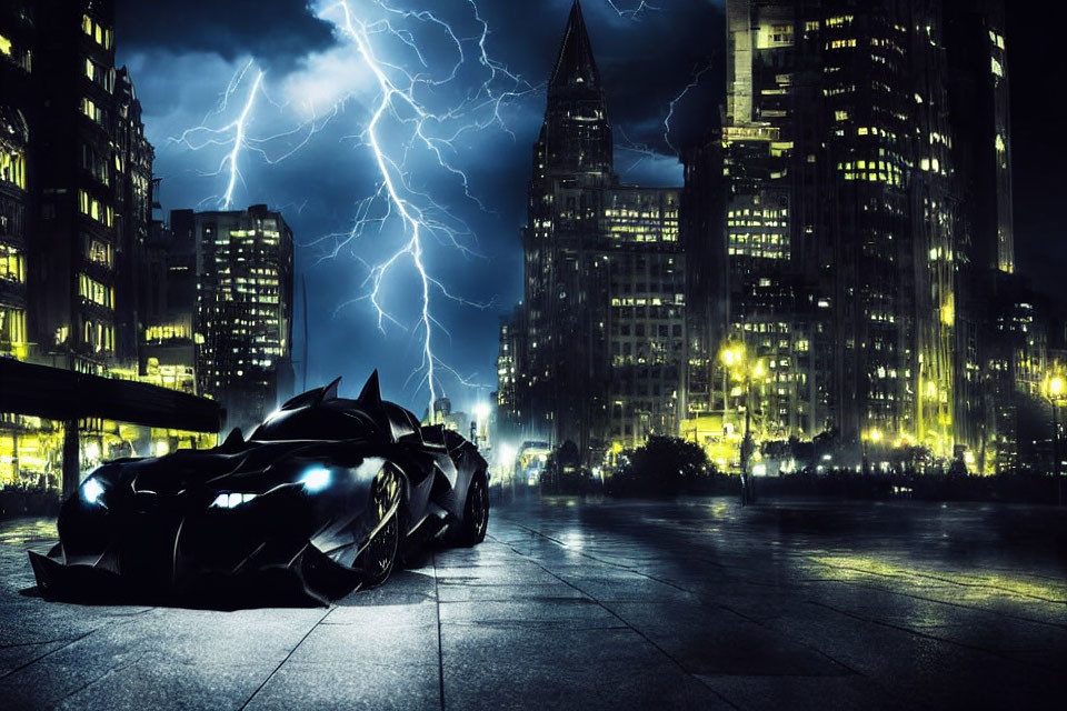 Futuristic black car parked on wet city street at night with lightning and high-rise buildings