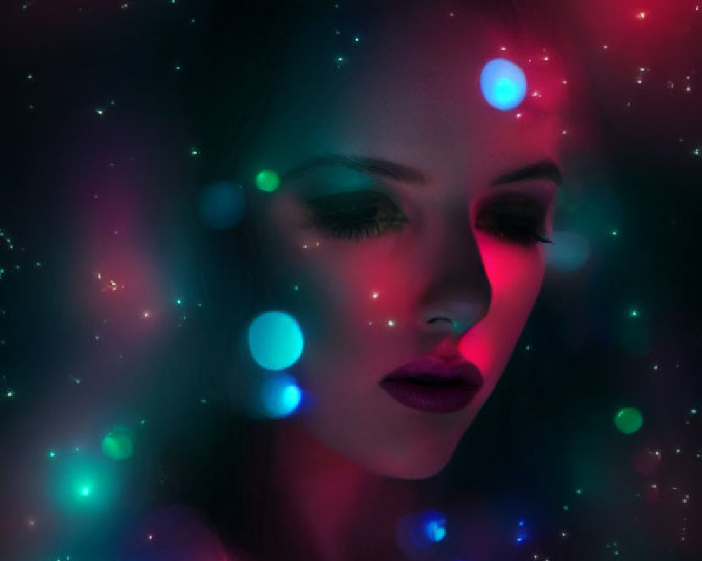 Woman's Face in Starry Background with Colorful Bokeh Lights