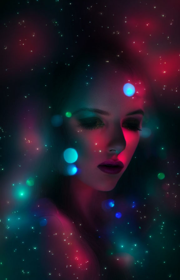 Woman's Face in Starry Background with Colorful Bokeh Lights