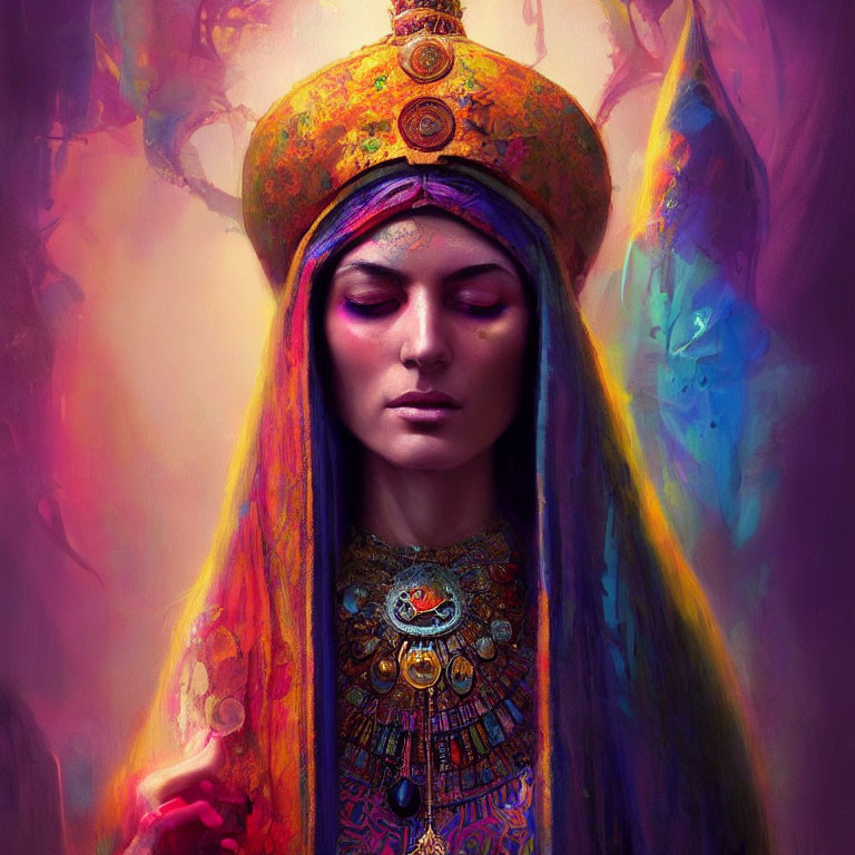 Vibrant digital portrait of woman in ornate headdress and garments