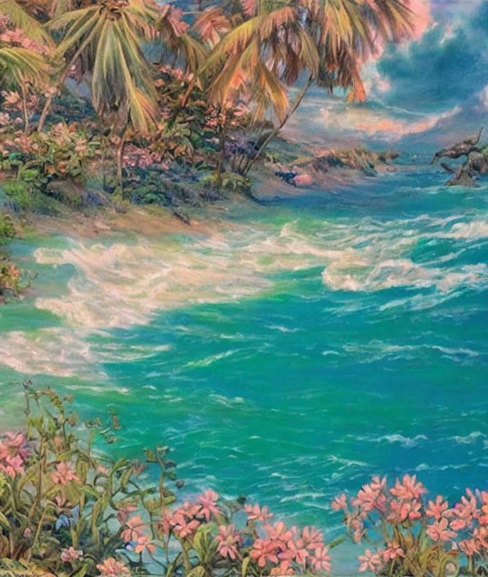 Tropical beach scene with green waters, palm trees, pink flowers